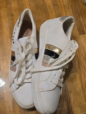 SKETCHERS White Women's  Sneakers with Gold & Black Accent -